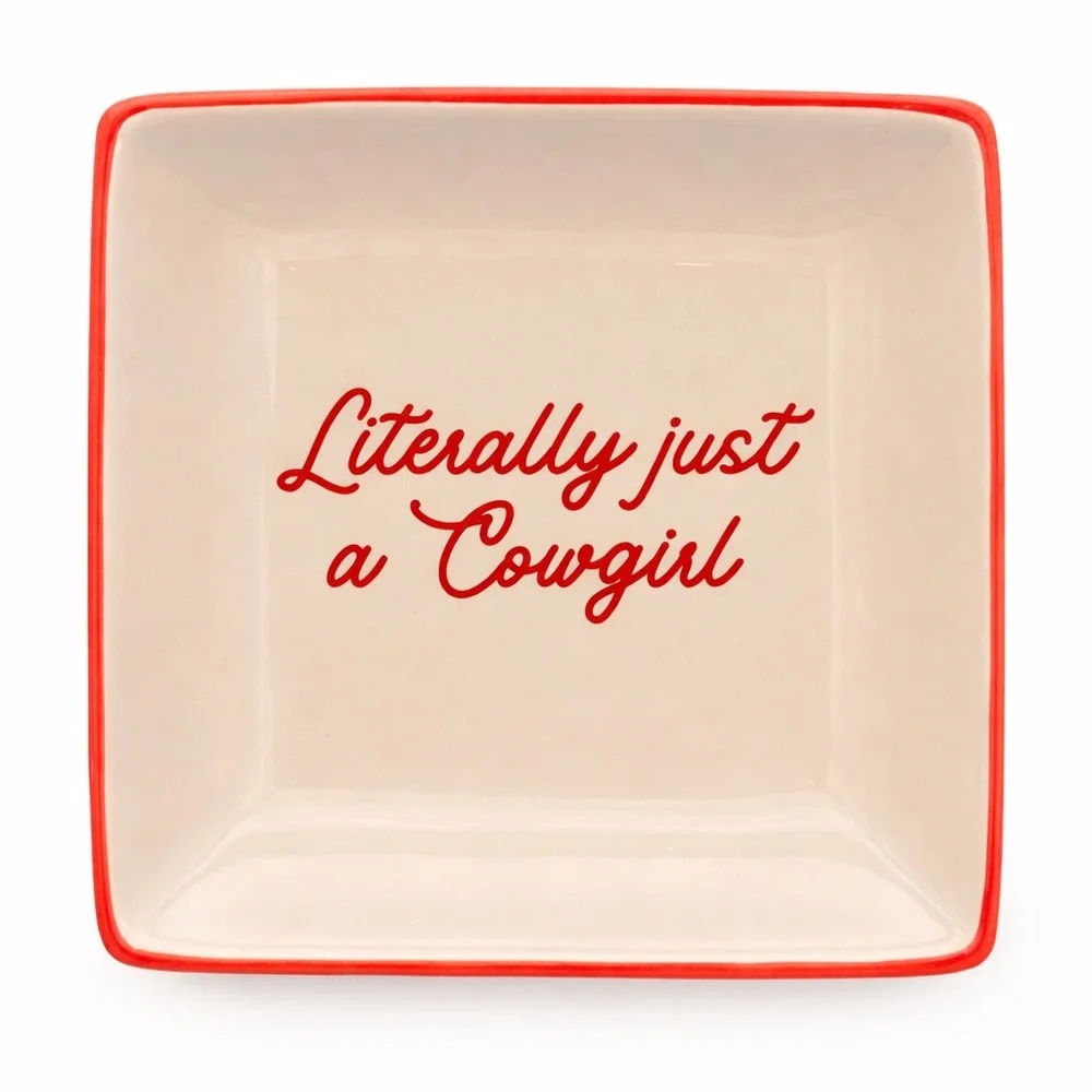 Literally Just A Cowgirl Ceramic Trinket Dish Square Jewelry Tray Red Cream‎
